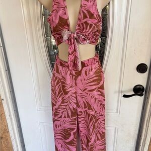 Forever 21 Pink and Brown Tropical Jumpsuit